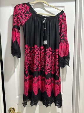 White Mark Black Dress with Magenta Scroll Print